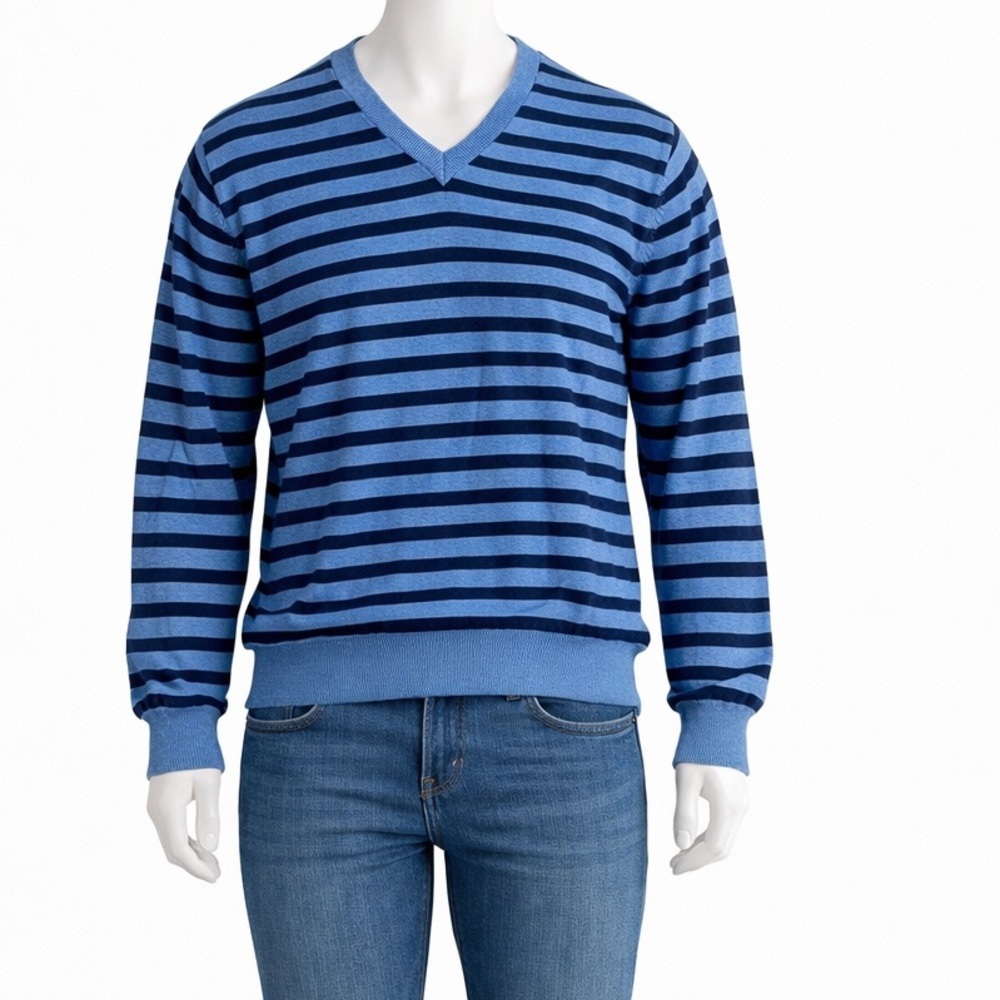 Andrew Fezza V-Neck Blue and Black Striped Sweater XL